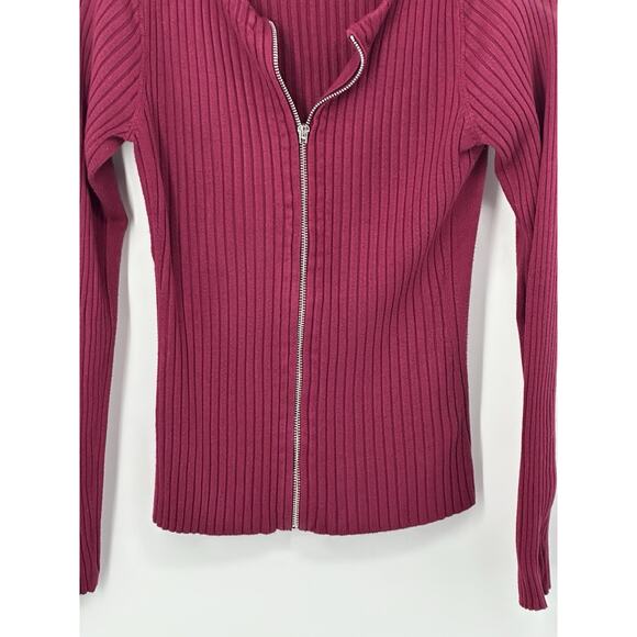 Express Ribbed Zip Front Sweater M Burgundy Stretch Long Sleeve Knit Top - Picture 5 of 13